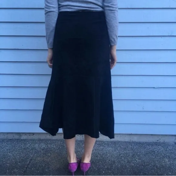 CAbi Suede Leather High Low Fishtail Black Mid Calf Length Skirt, Size 8