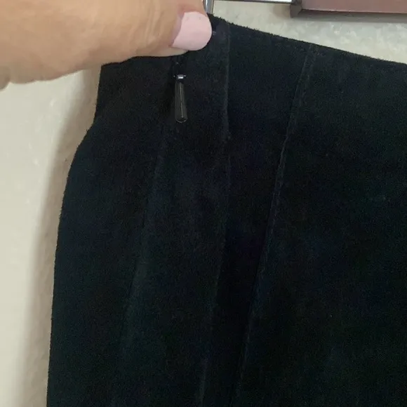 CAbi Suede Leather High Low Fishtail Black Mid Calf Length Skirt, Size 8