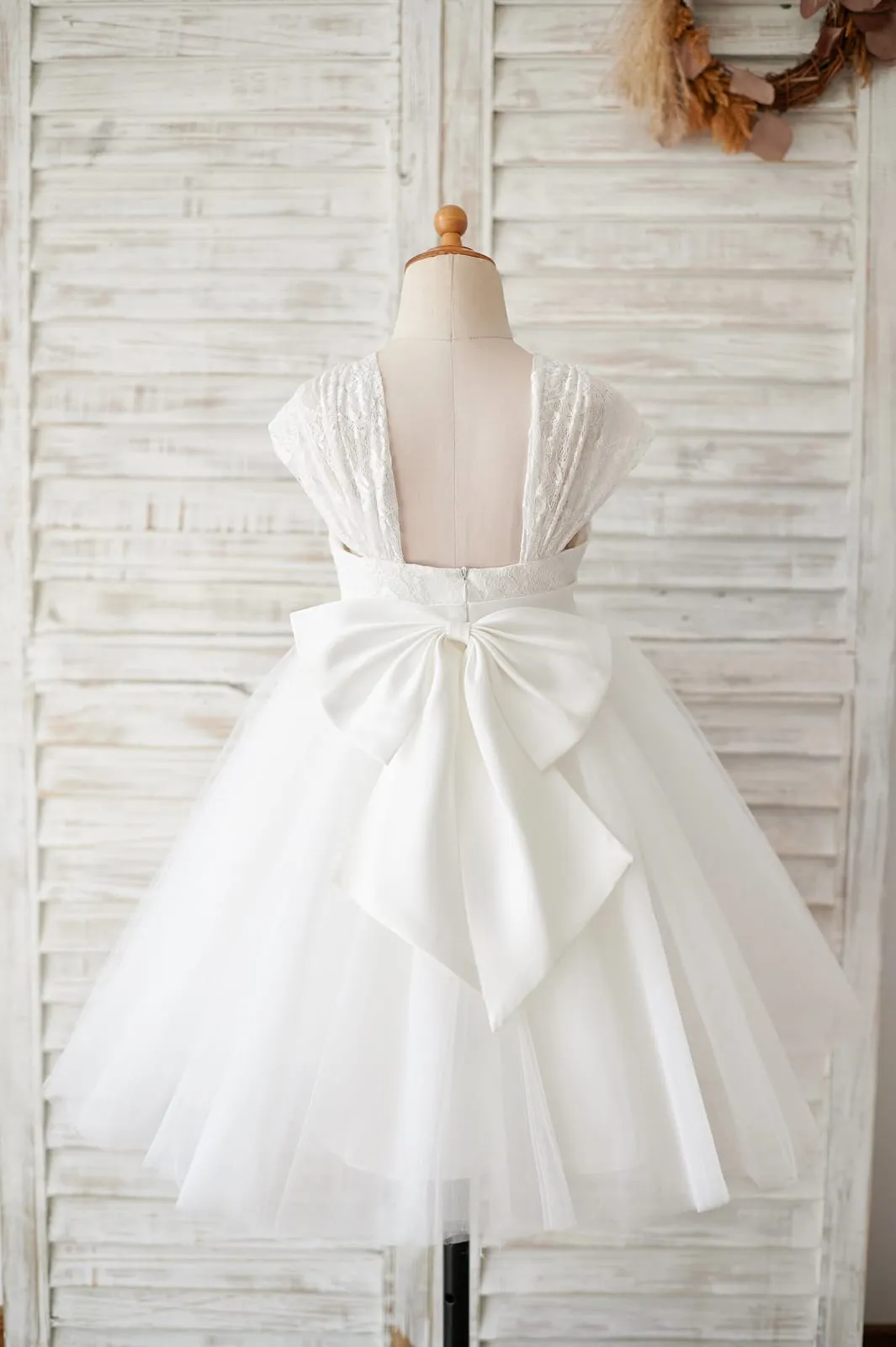 Cap Sleeves Ivory Lace Tulle Wedding Flower Girl Dress, Big Bow