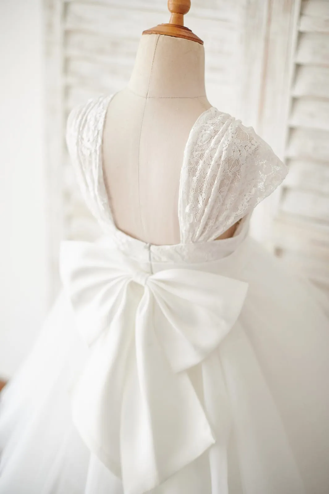 Cap Sleeves Ivory Lace Tulle Wedding Flower Girl Dress, Big Bow
