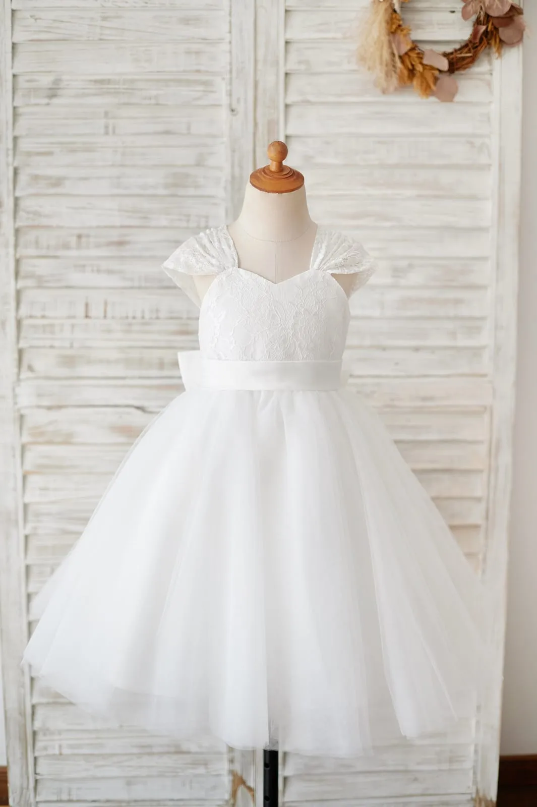 Cap Sleeves Ivory Lace Tulle Wedding Flower Girl Dress, Big Bow