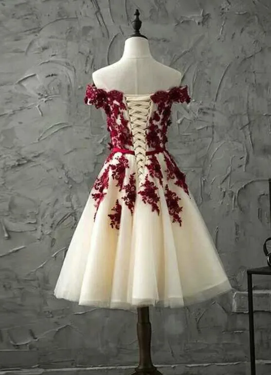 Champagne Tulle and Beautiful Lace Short Party Dress, Off Shoulder Party Dresses