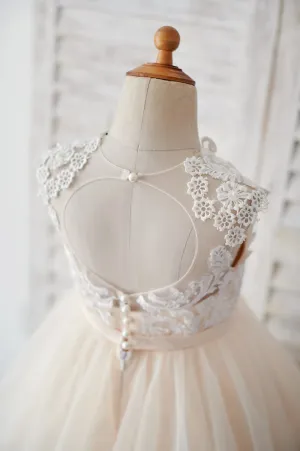 Champagne Tulle Ivory Lace Keyhole Back Wedding Flower Girl Dress
