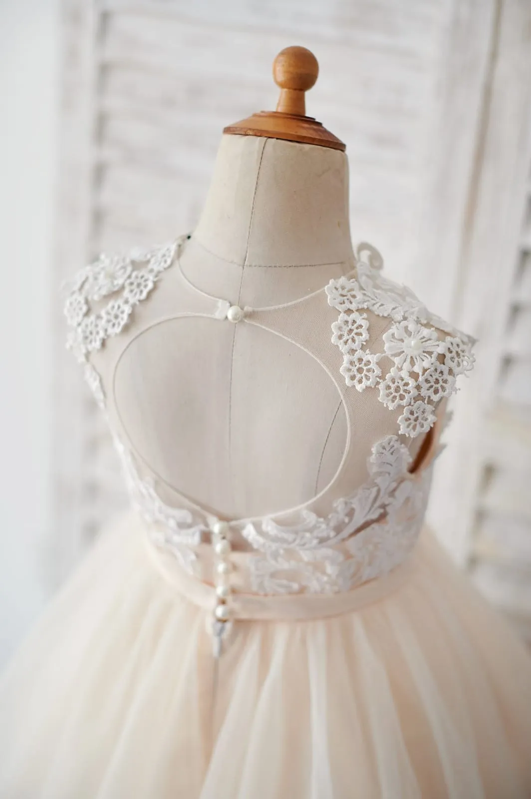 Champagne Tulle Ivory Lace Keyhole Back Wedding Flower Girl Dress