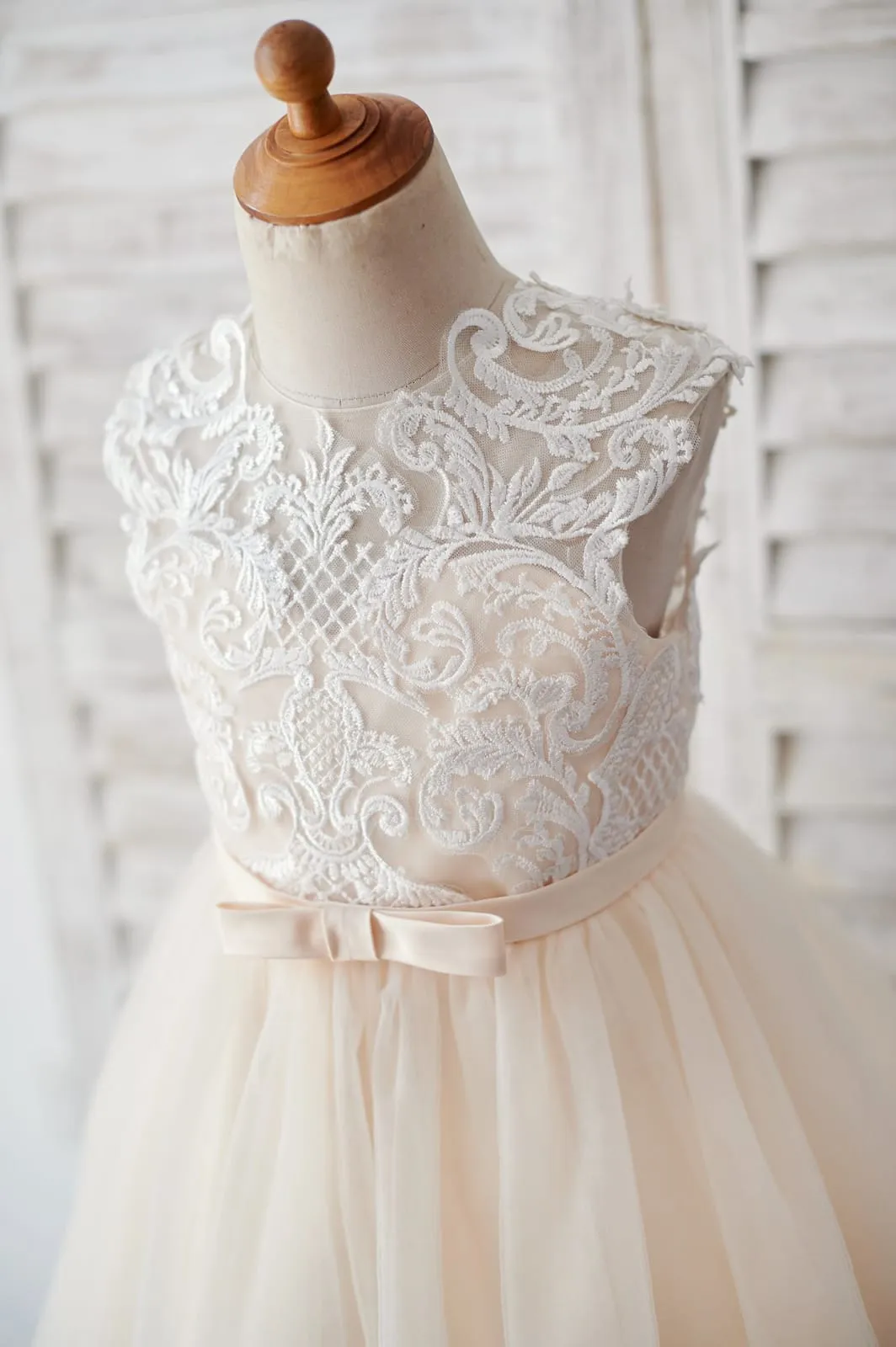 Champagne Tulle Ivory Lace Keyhole Back Wedding Flower Girl Dress
