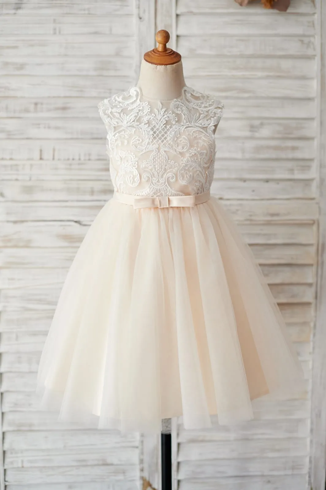 Champagne Tulle Ivory Lace Keyhole Back Wedding Flower Girl Dress