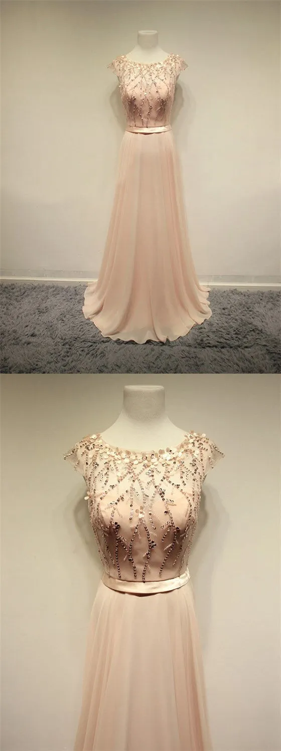 Charming Blush Pink Cap Sleeves Cheap Evening Long Prom Dress, BG51014