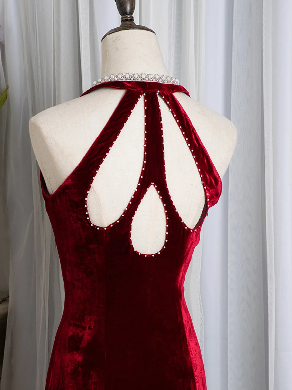 Charming Wine Red Mermaid Velvet Long Prom Dress, Wine Red Evening Dress