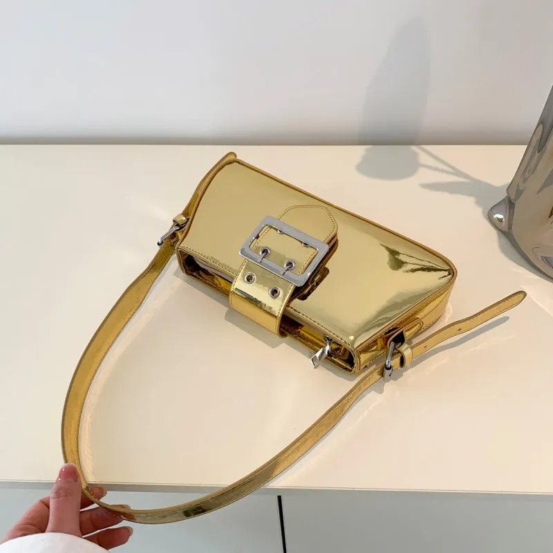 Chica Patent Leather Silver Sweet Belt Shaped Design Strap Shoulder Bag Handbag