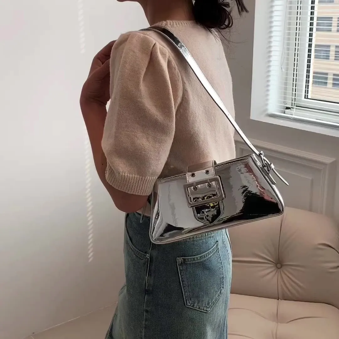 Chica Patent Leather Silver Sweet Belt Shaped Design Strap Shoulder Bag Handbag