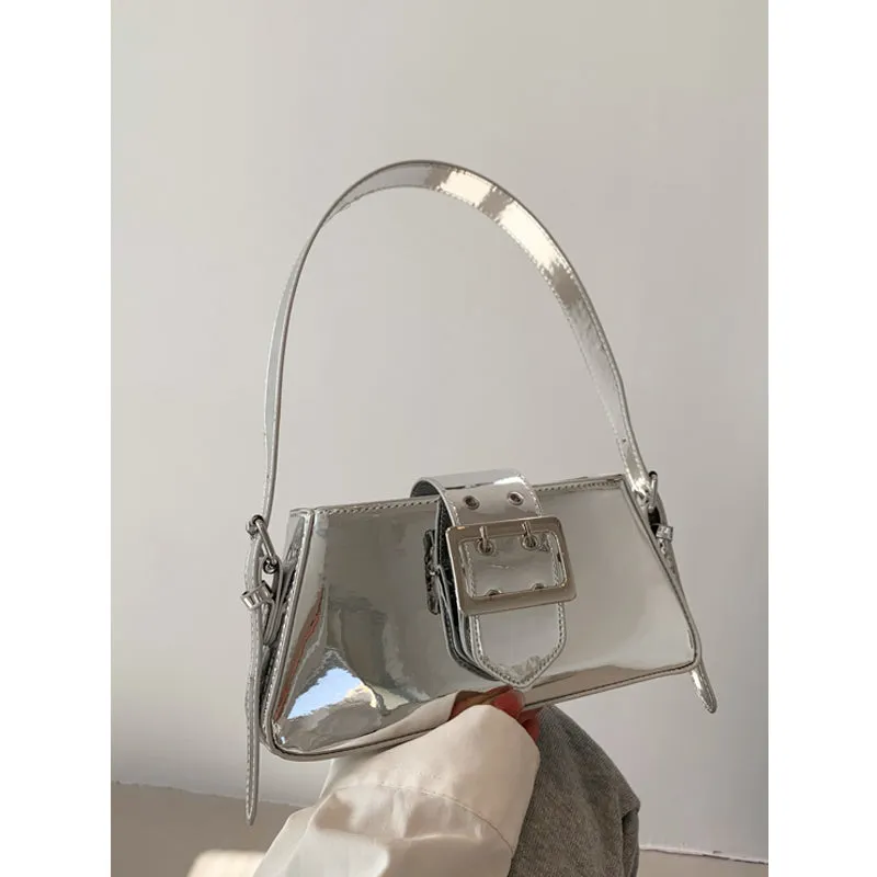 Chica Patent Leather Silver Sweet Belt Shaped Design Strap Shoulder Bag Handbag