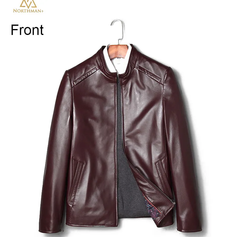 Classic leather jacket in Burgundy for Men.