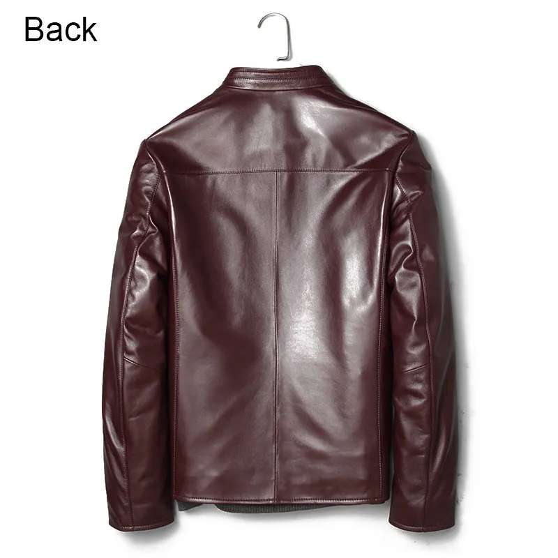 Classic leather jacket in Burgundy for Men.