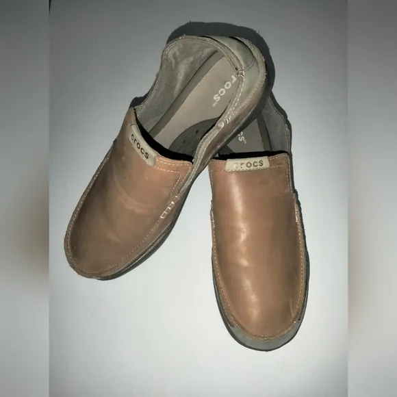 Crocs (Size 11) Men's Tan Leather Upper Nubuck Suede Trim Slip-on Comfort Shoes
