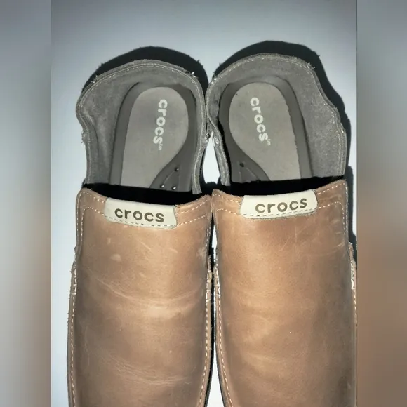Crocs (Size 11) Men's Tan Leather Upper Nubuck Suede Trim Slip-on Comfort Shoes