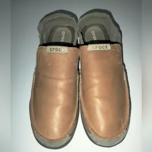 Crocs (Size 11) Men's Tan Leather Upper Nubuck Suede Trim Slip-on Comfort Shoes