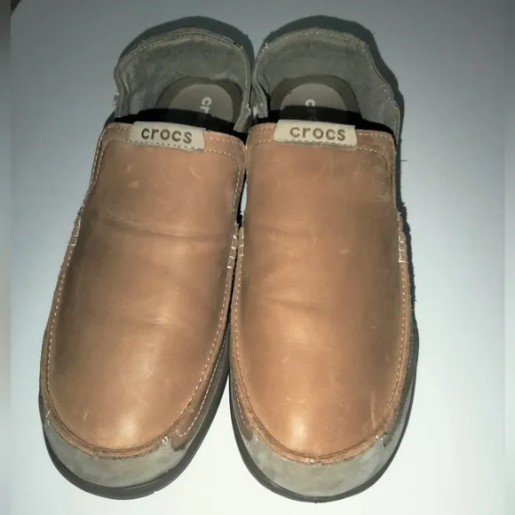 Crocs (Size 11) Men's Tan Leather Upper Nubuck Suede Trim Slip-on Comfort Shoes