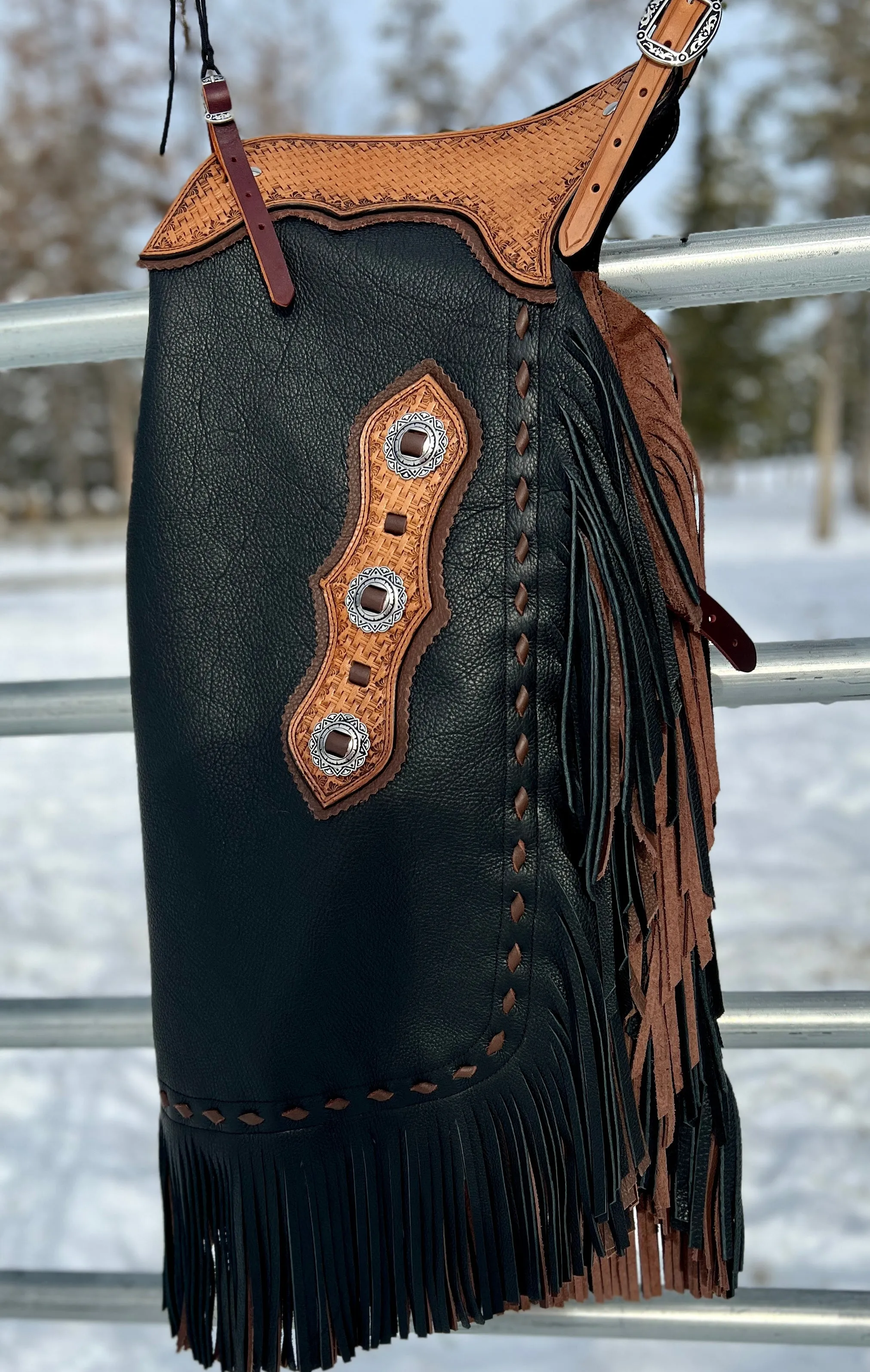 Custom Leather Chinks in Black with Chestnut