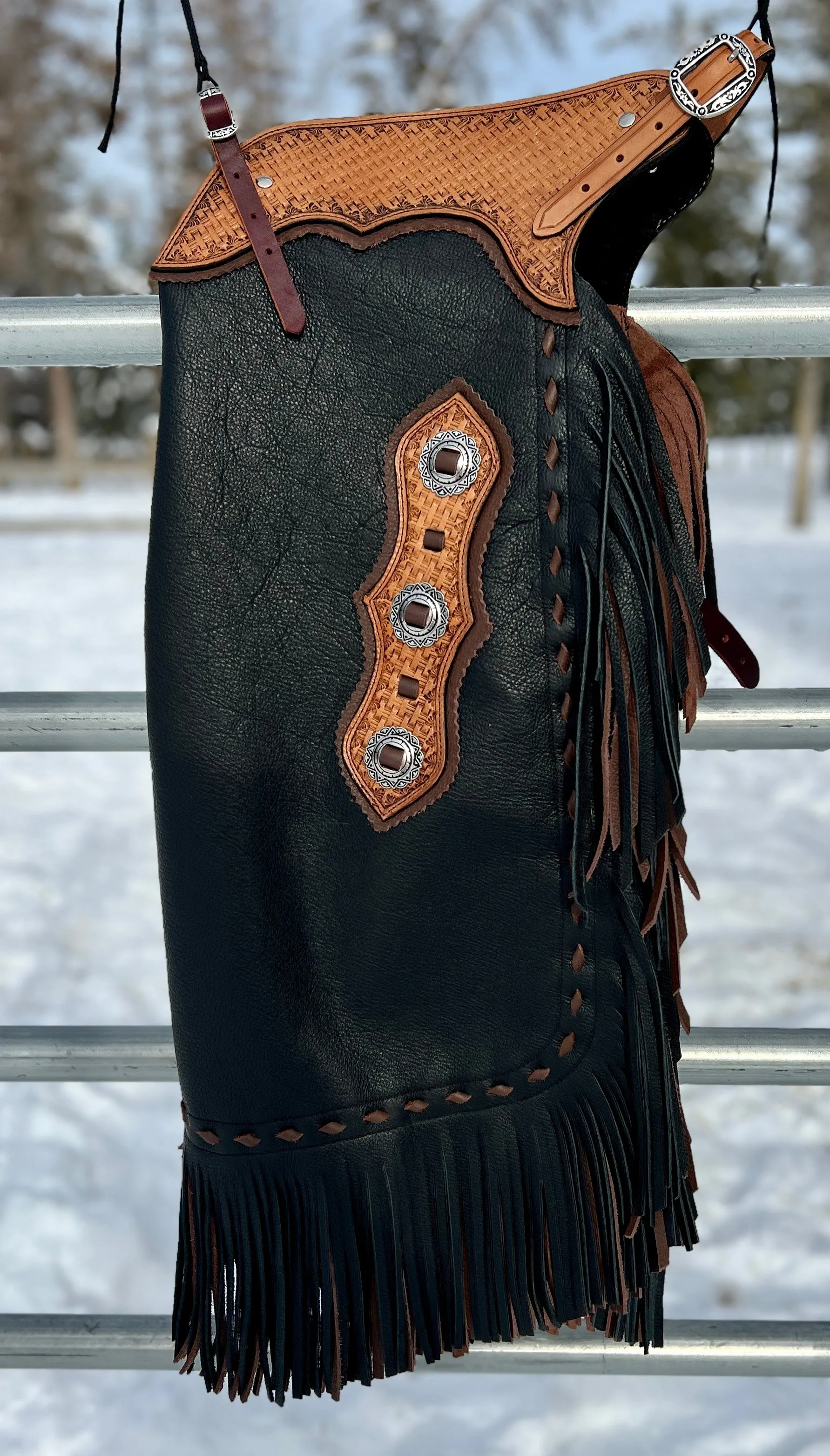 Custom Leather Chinks in Black with Chestnut