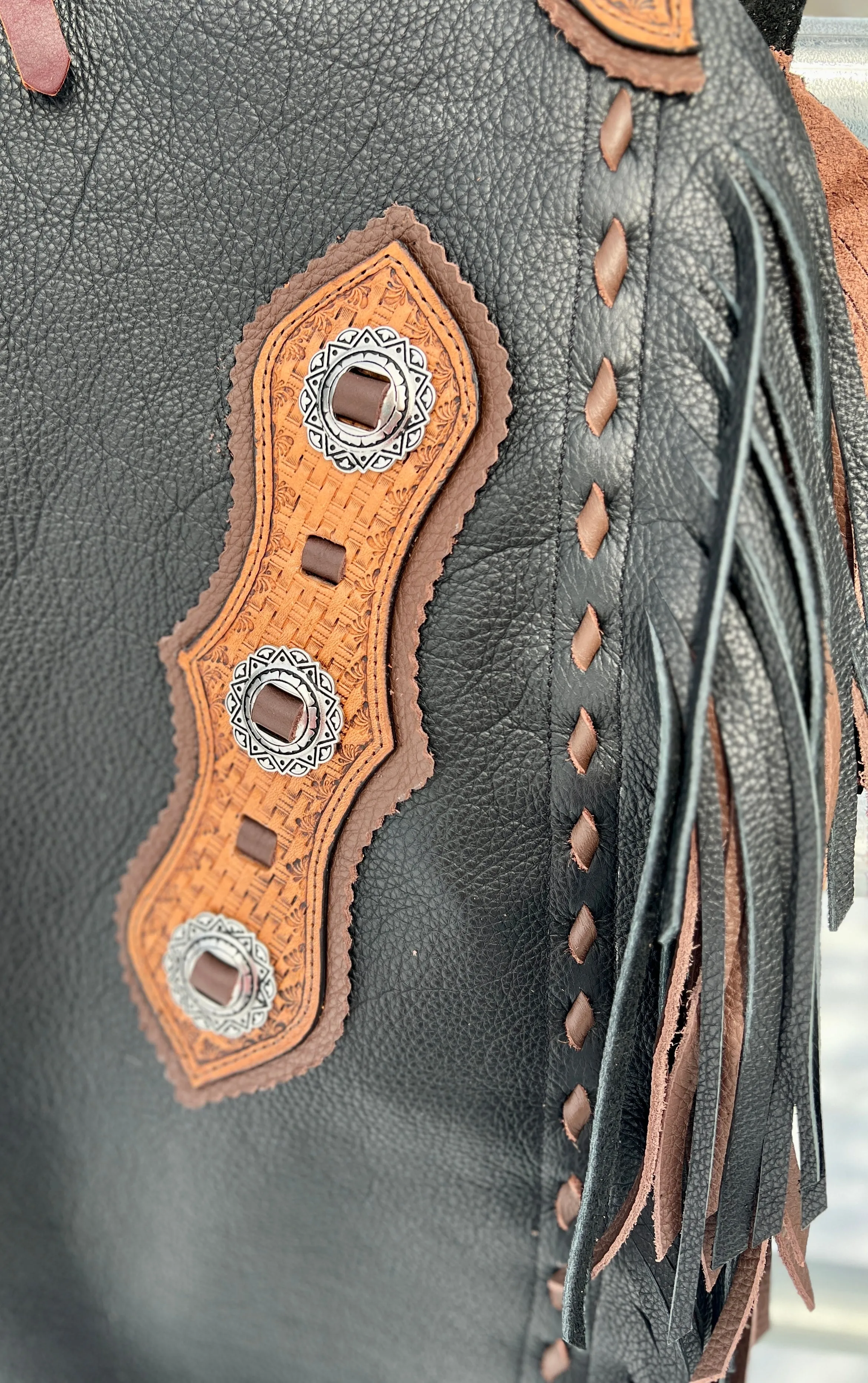 Custom Leather Chinks in Black with Chestnut