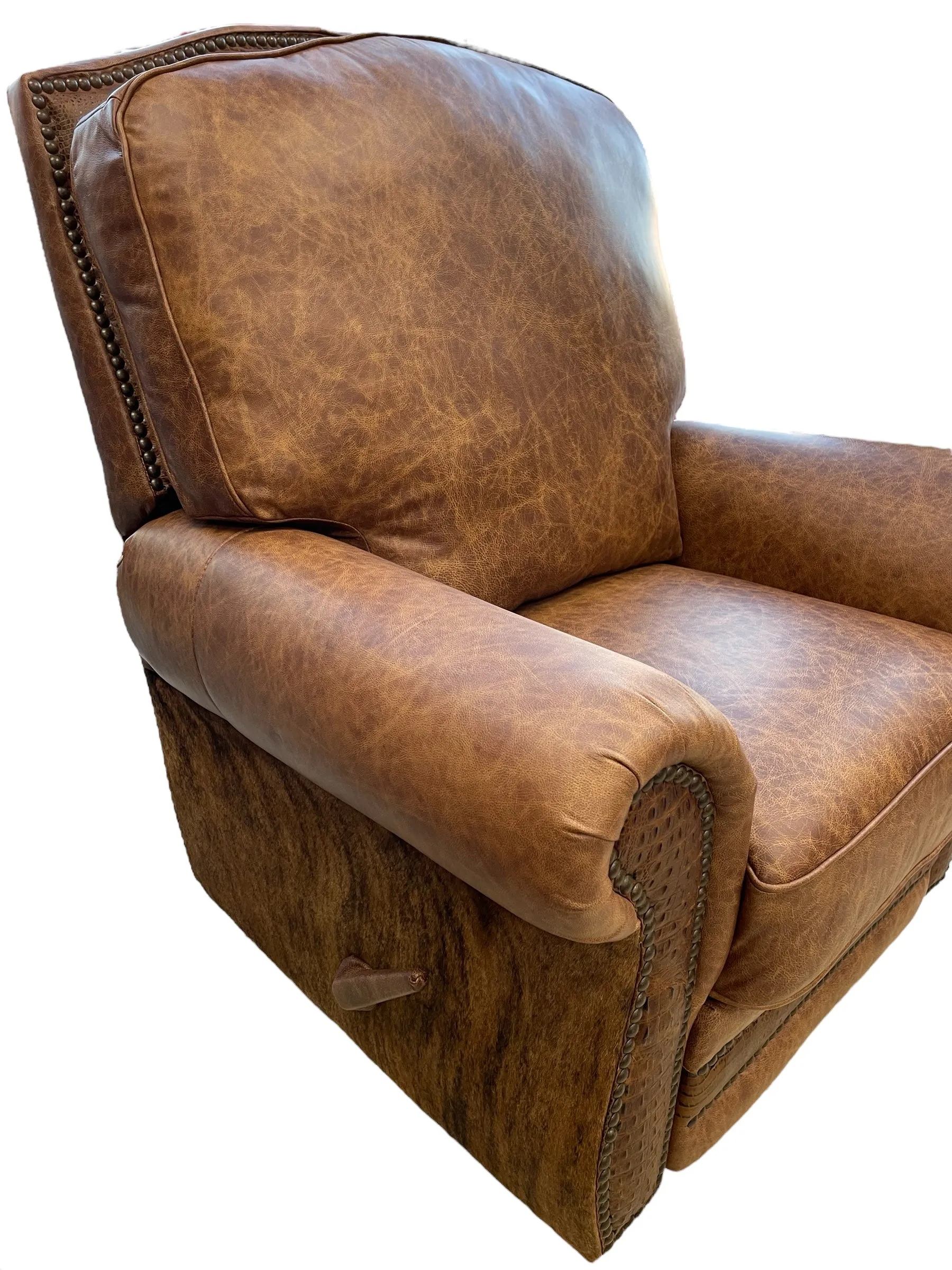 Custom VIP Silverado Swivel, Rocker Recliner in Fargo Whiskey Leather with Hair On Hide & Croc Accents