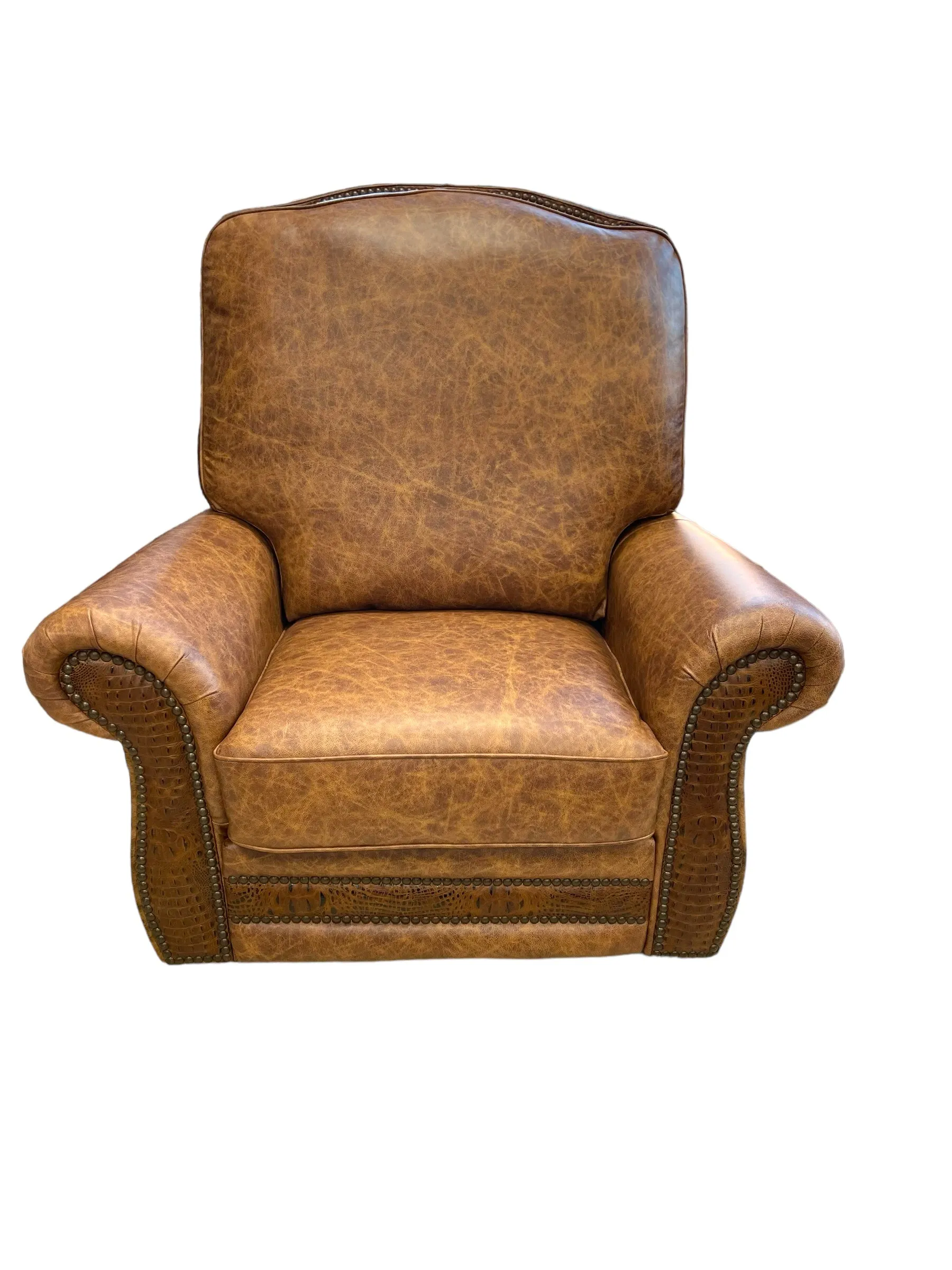 Custom VIP Silverado Swivel, Rocker Recliner in Fargo Whiskey Leather with Hair On Hide & Croc Accents