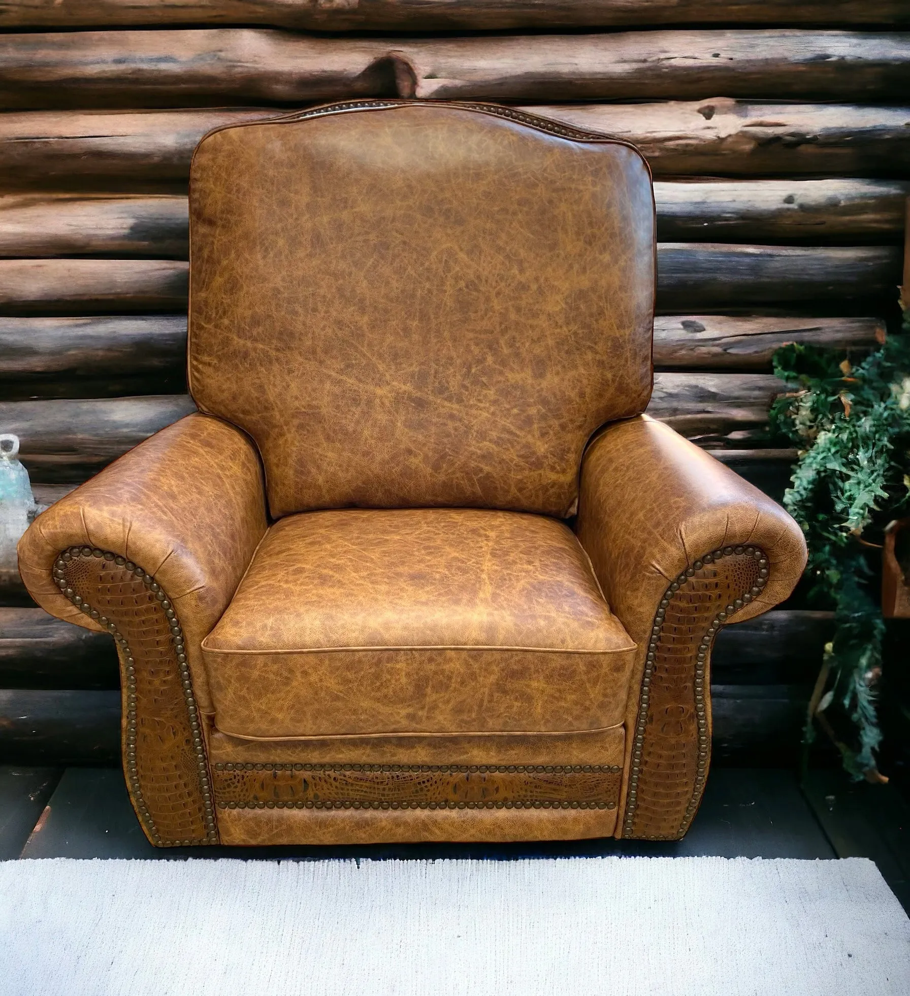 Custom VIP Silverado Swivel, Rocker Recliner in Fargo Whiskey Leather with Hair On Hide & Croc Accents