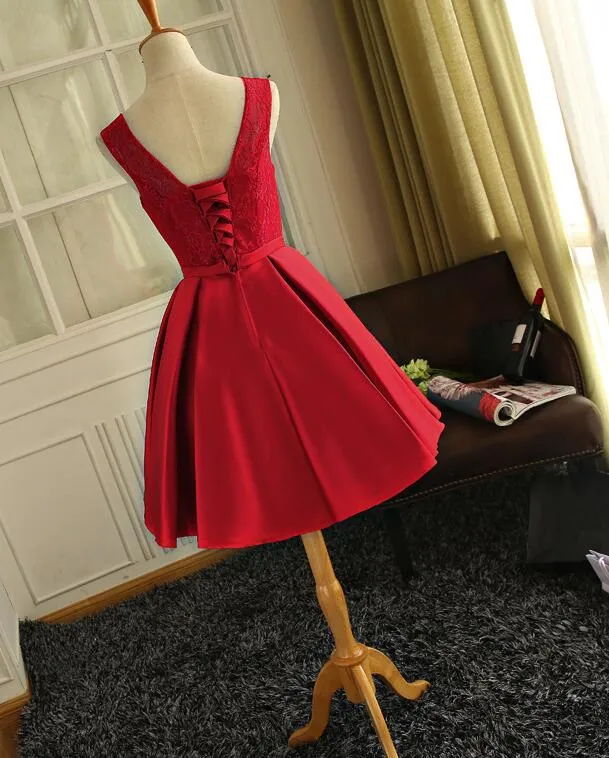 Cute Red Satin Round Neckline Party Dresses, Satin Homecoming Dresses, Short Prom Dress