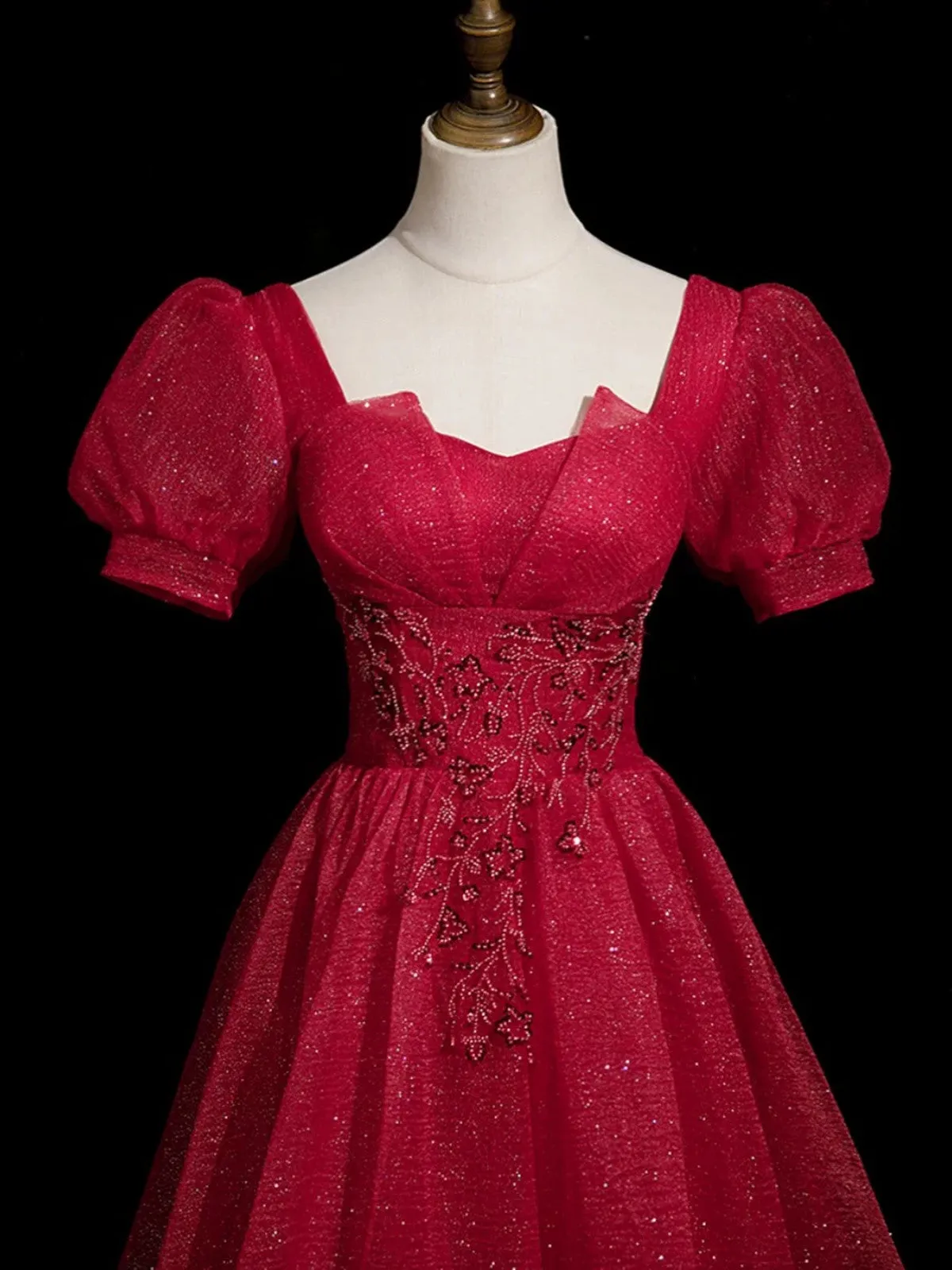 Cute Wine Red Beaded Short Sleevs A-line Party Dress, Wine Red Tulle Long Prom Dress