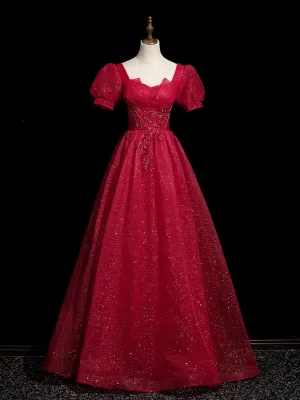 Cute Wine Red Beaded Short Sleevs A-line Party Dress, Wine Red Tulle Long Prom Dress