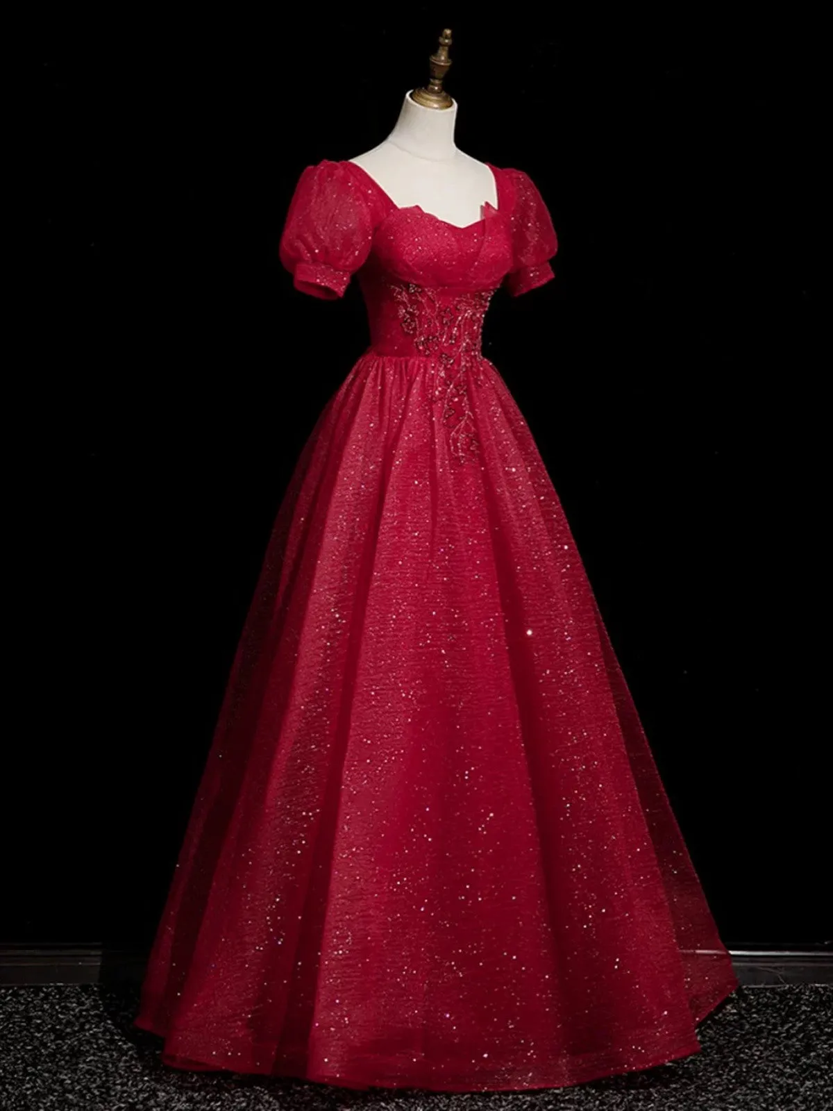 Cute Wine Red Beaded Short Sleevs A-line Party Dress, Wine Red Tulle Long Prom Dress
