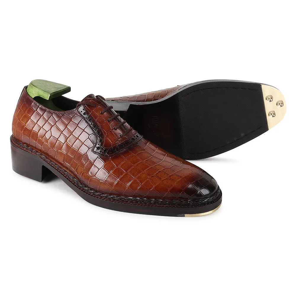 Dark Tan Croco Norwegian Welted Mirror Glossed Oxford With Metal Toe