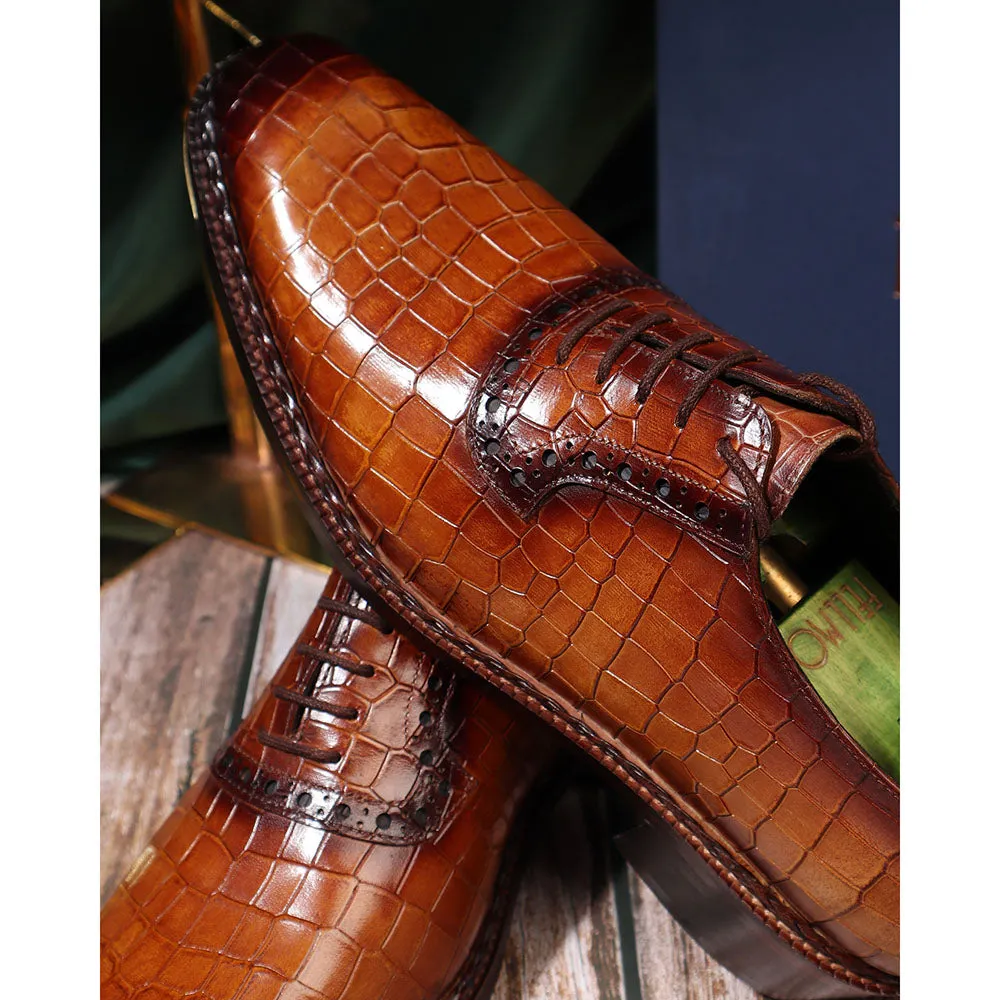 Dark Tan Croco Norwegian Welted Mirror Glossed Oxford With Metal Toe