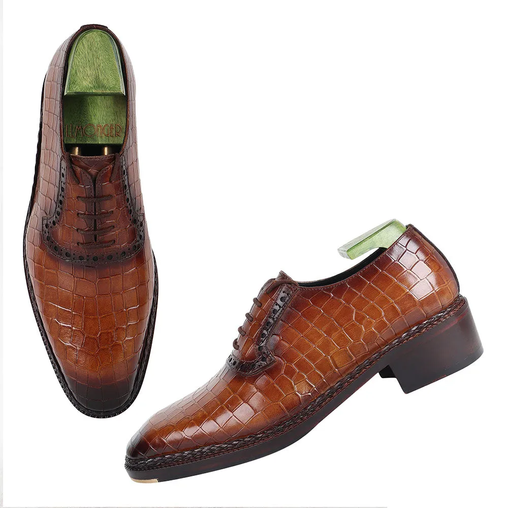 Dark Tan Croco Norwegian Welted Mirror Glossed Oxford With Metal Toe