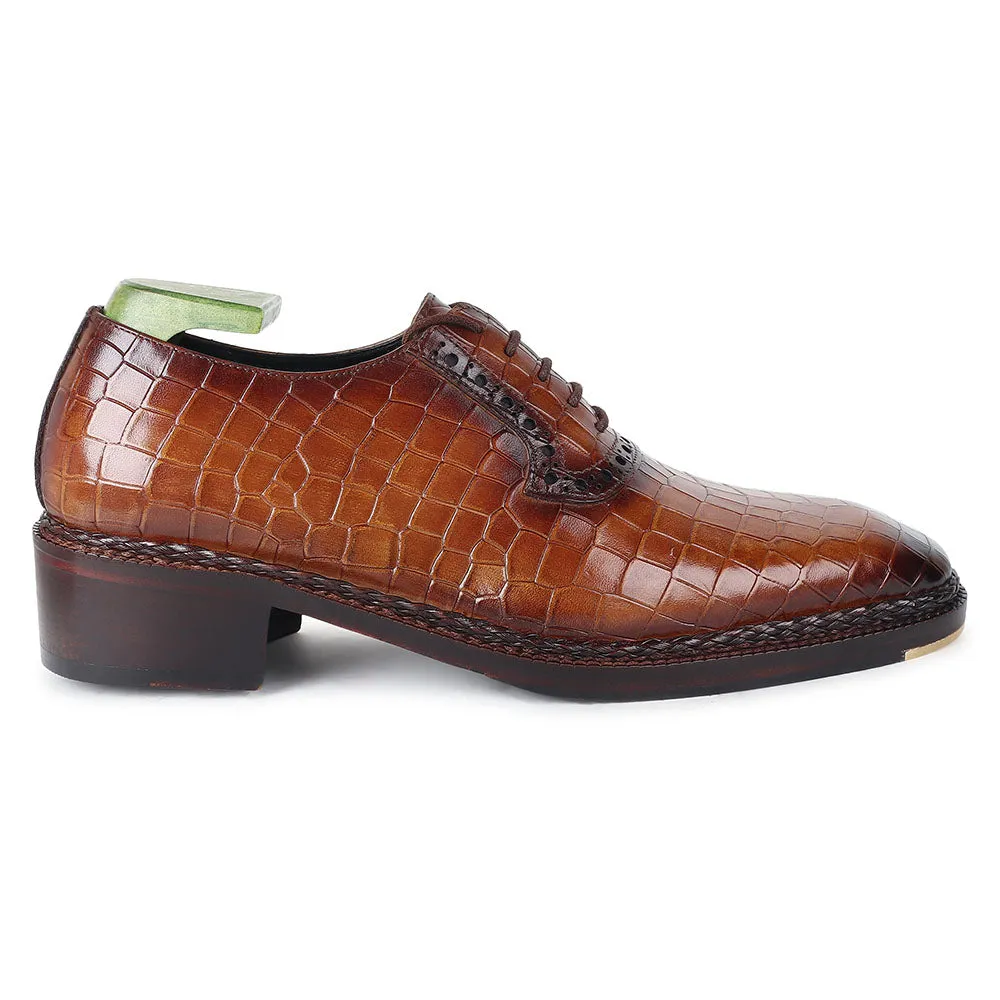 Dark Tan Croco Norwegian Welted Mirror Glossed Oxford With Metal Toe