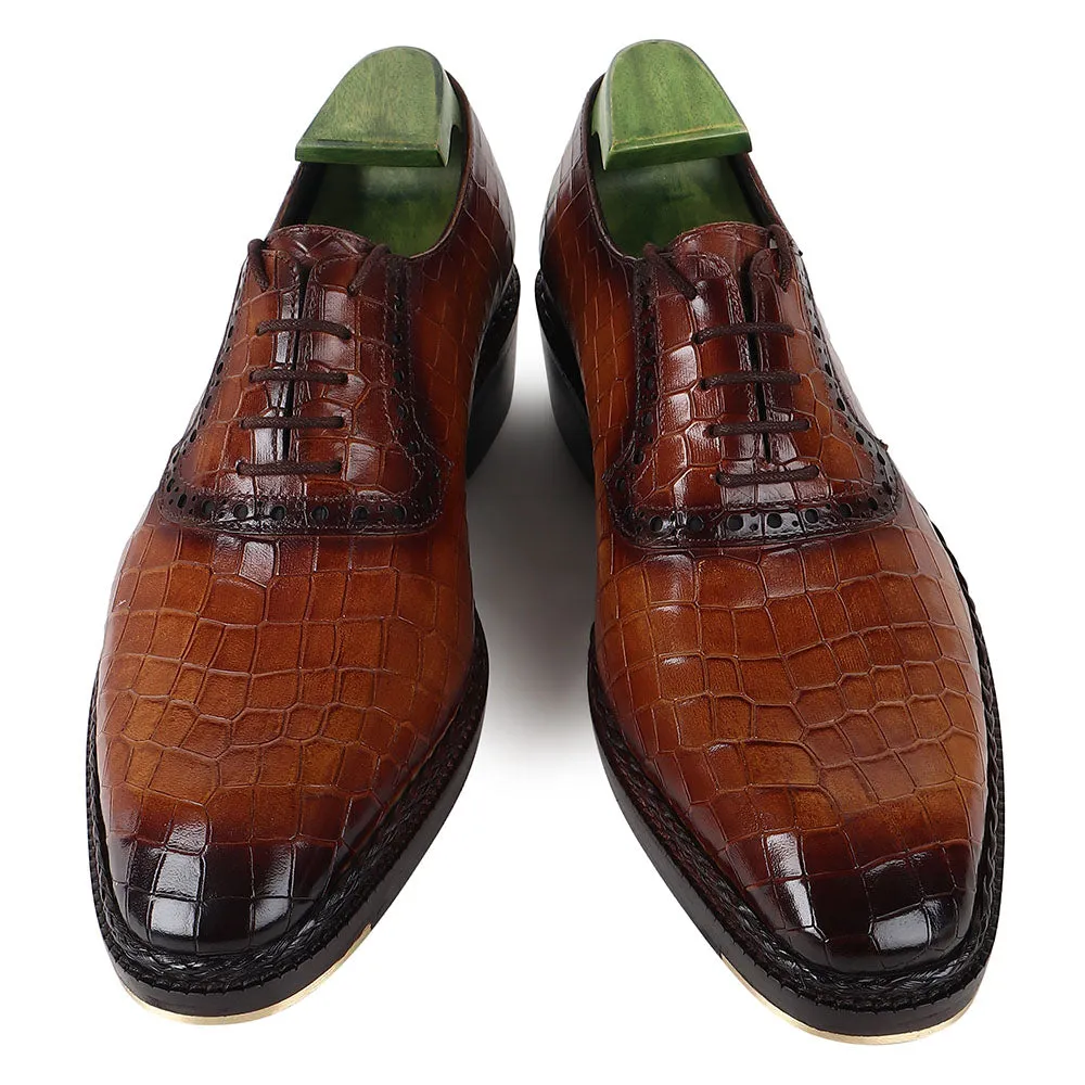 Dark Tan Croco Norwegian Welted Mirror Glossed Oxford With Metal Toe