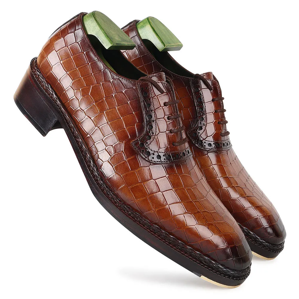 Dark Tan Croco Norwegian Welted Mirror Glossed Oxford With Metal Toe