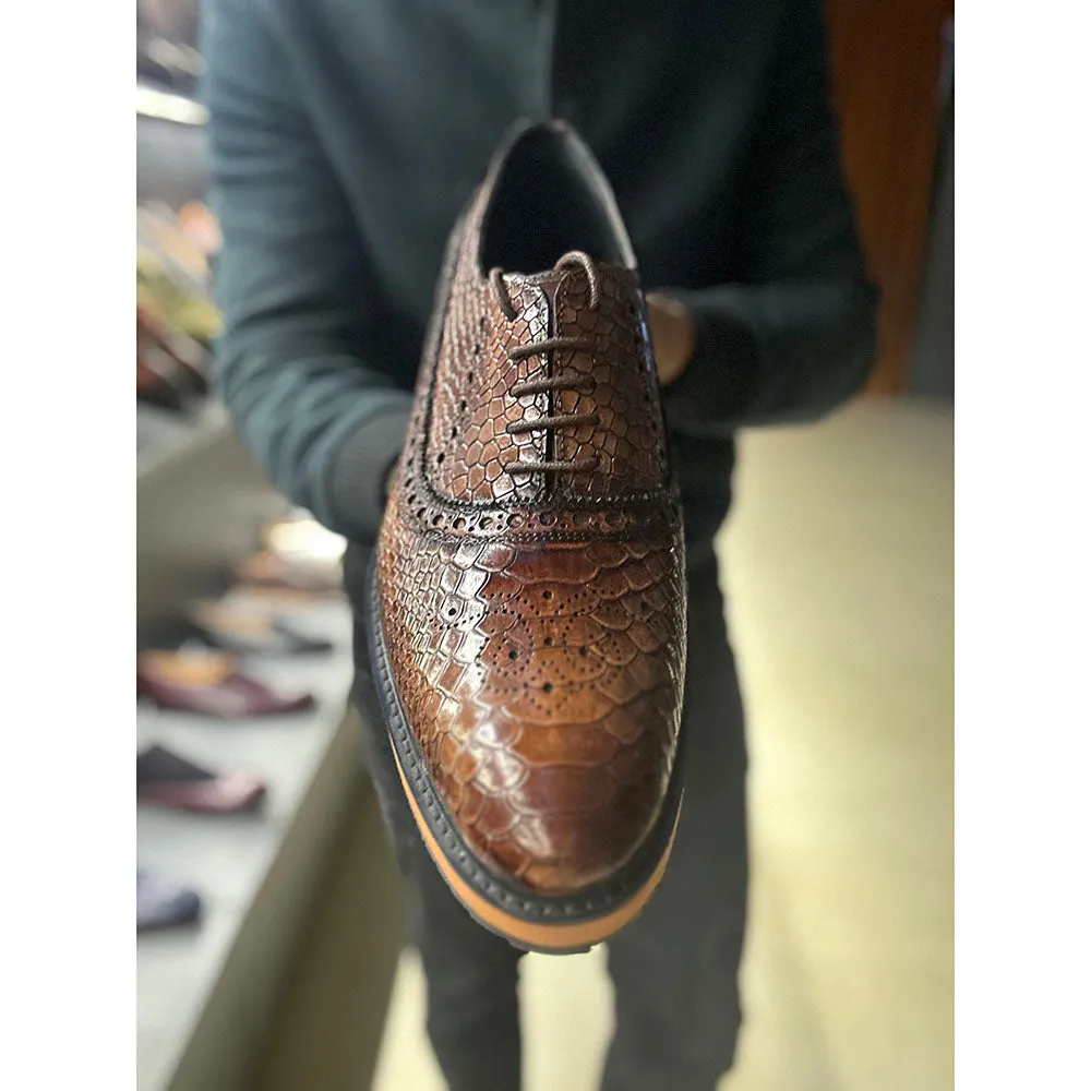 Dark Tan Mirror Glossed Patina Python   Lizard Texture Extralight Oxford Sneaker