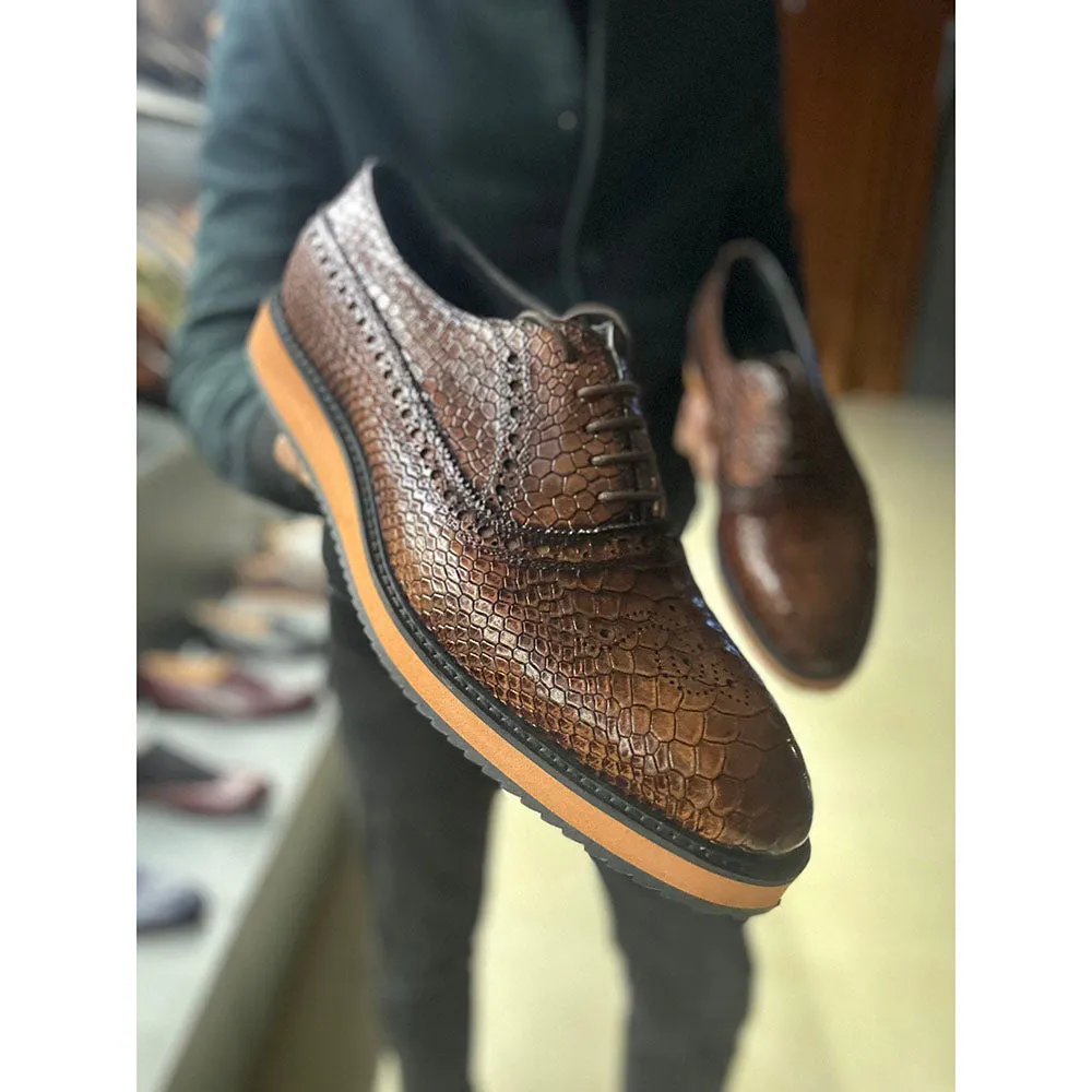 Dark Tan Mirror Glossed Patina Python   Lizard Texture Extralight Oxford Sneaker