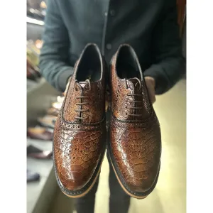Dark Tan Mirror Glossed Patina Python   Lizard Texture Extralight Oxford Sneaker