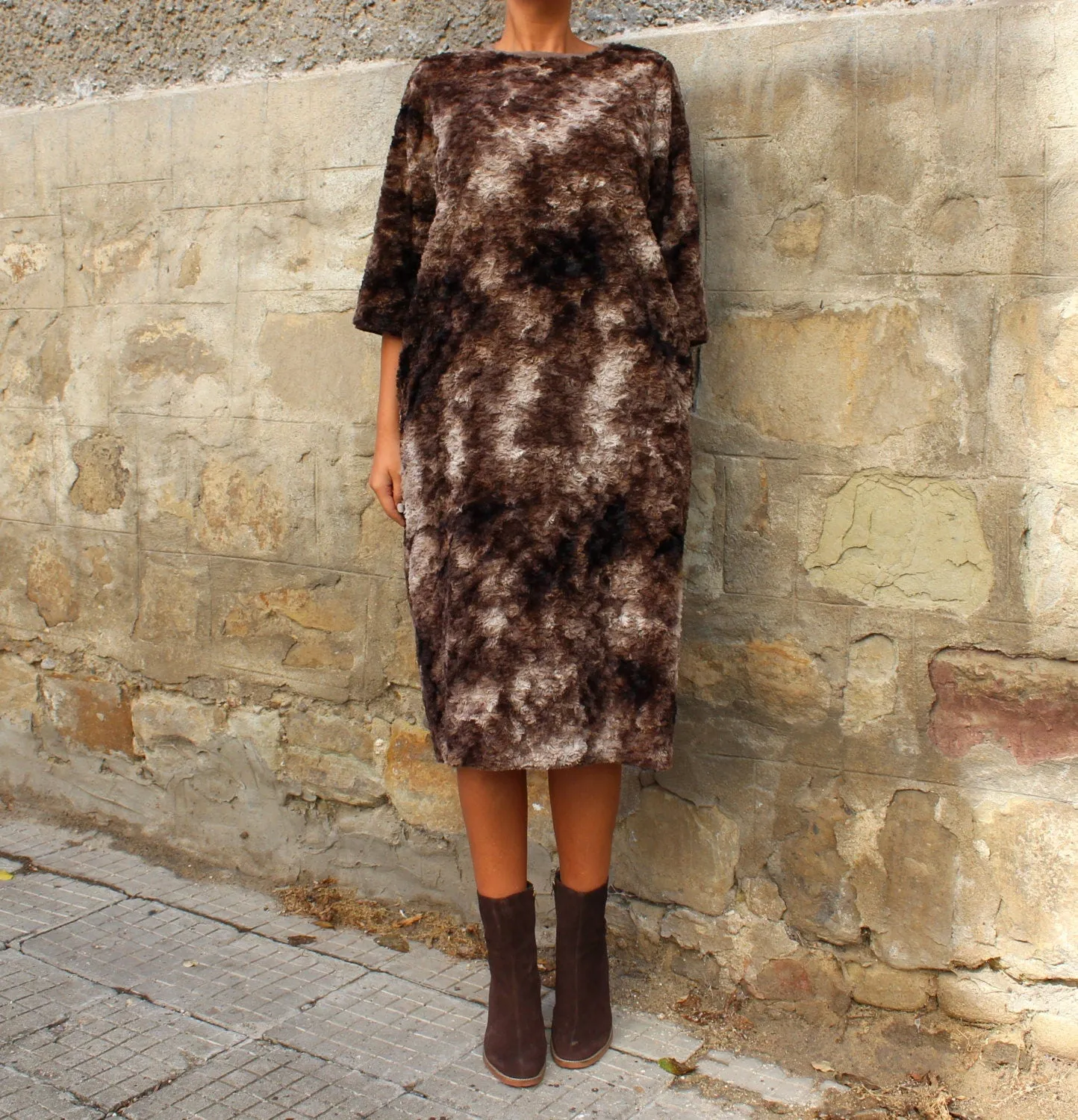 Faux Fur Dress for Women, Loose Fit Fuzzy Dress, Brown Dress, Fleece Dress, Warm Winter Dress, Long Sleeve Dress, Plus Size Dress,