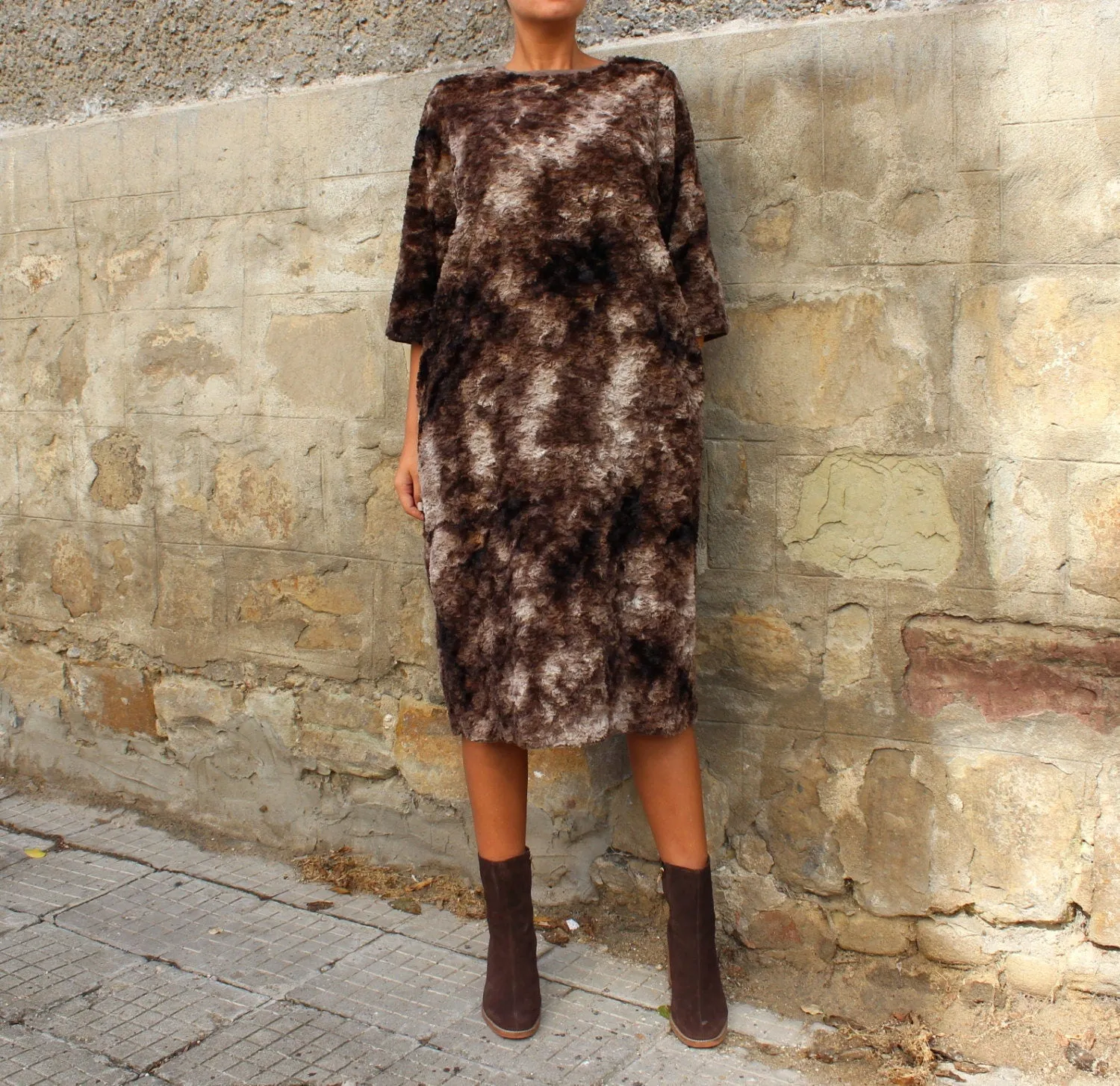 Faux Fur Dress for Women, Loose Fit Fuzzy Dress, Brown Dress, Fleece Dress, Warm Winter Dress, Long Sleeve Dress, Plus Size Dress,