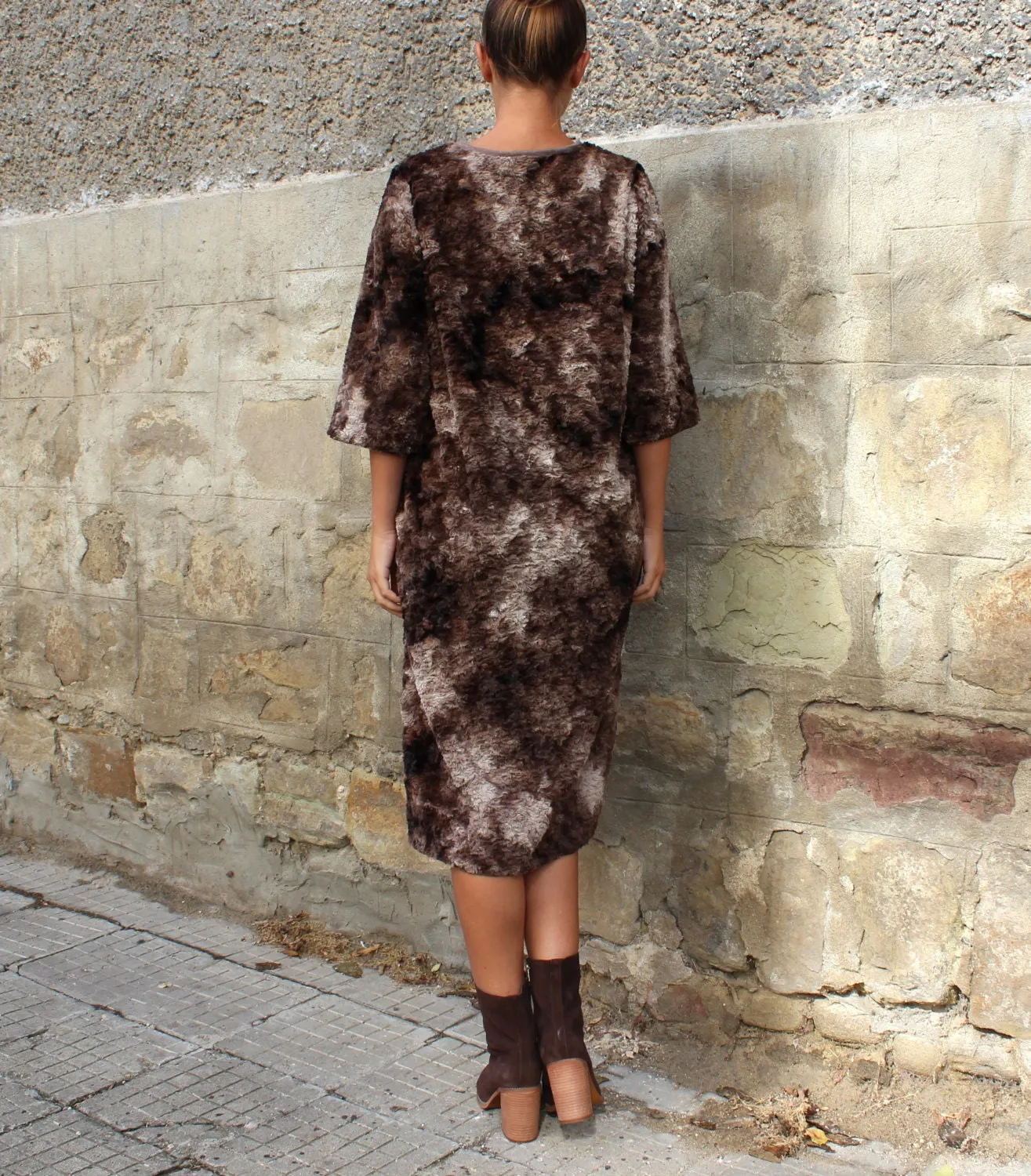 Faux Fur Dress for Women, Loose Fit Fuzzy Dress, Brown Dress, Fleece Dress, Warm Winter Dress, Long Sleeve Dress, Plus Size Dress,