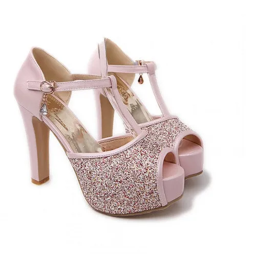 Female Sexy Peep Toe Buckle Strap Summer Pumps Girls High Heel Glitter Shoes Women Wedding sandles Big size