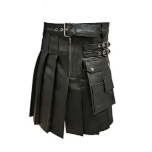 Genuine Black Leather Men Gladiator Pleated
