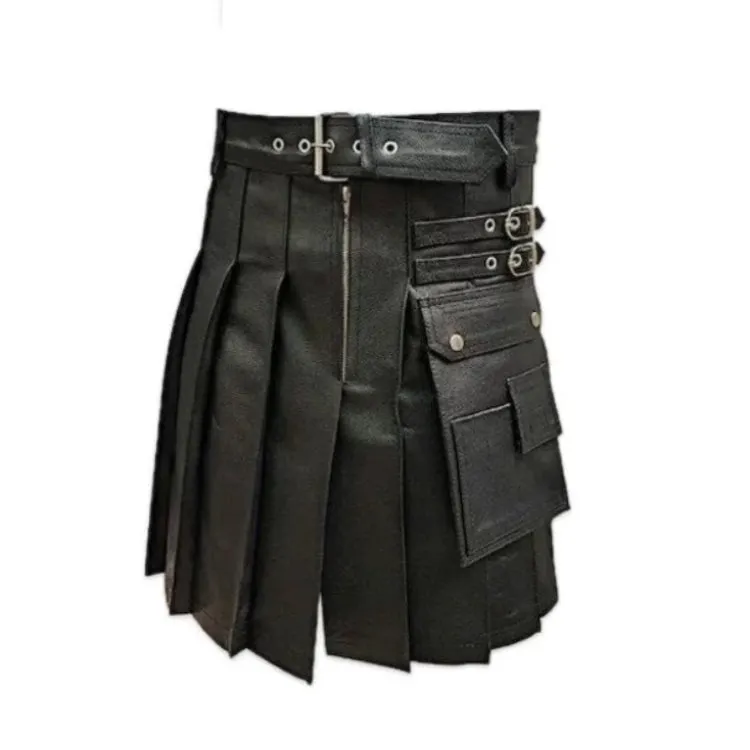 Genuine Black Leather Men Gladiator Pleated