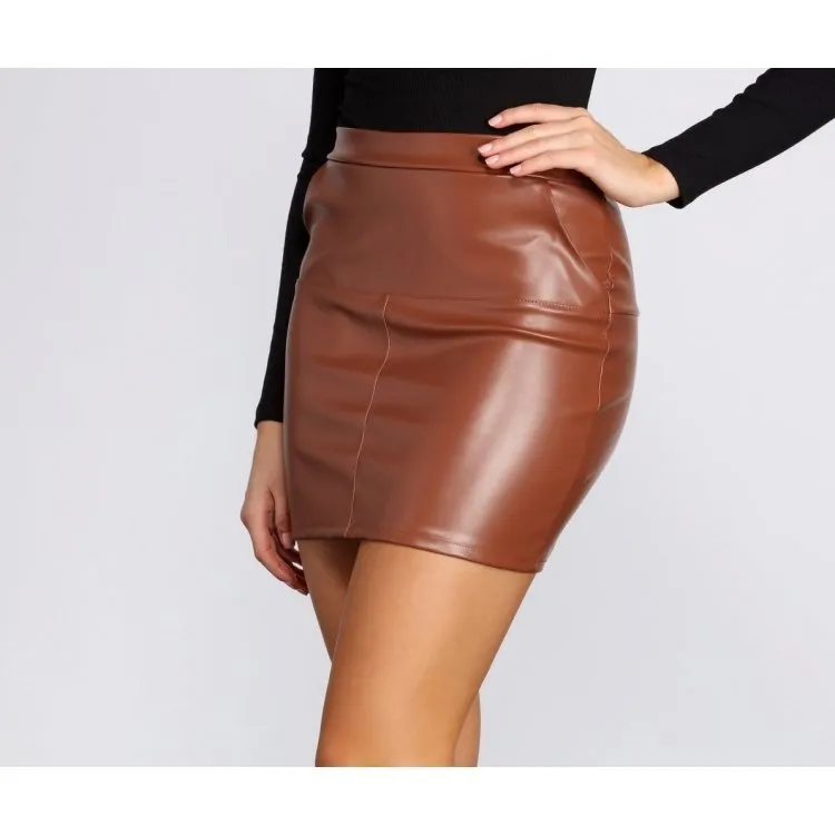 Girls High Rise Waist Hugging Fit Brown Leather Mini Skirt