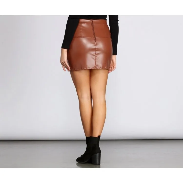 Girls High Rise Waist Hugging Fit Brown Leather Mini Skirt