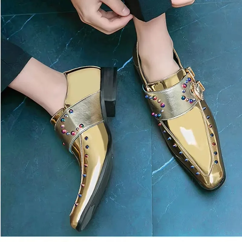 Golden Glitter Leather Rhinestone Men Chelsea