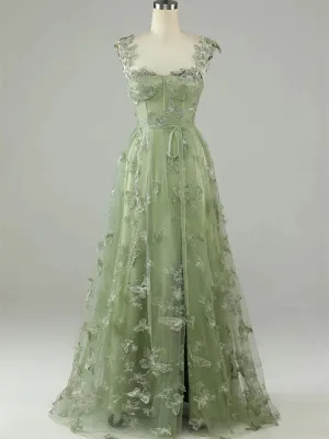 Green Lace A-line Straps Floor Length Party Dress, Green Tulle Prom Dress